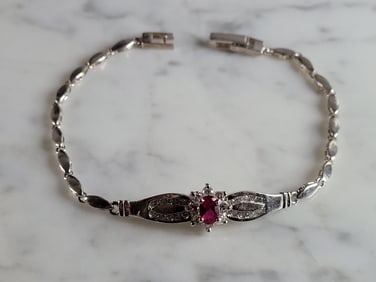 Womens Vintage Estate Sterling Silver Garnet CZ Bracelet