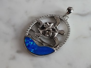Womens Sterling Silver Blue Opal Sea Turtle Pendant