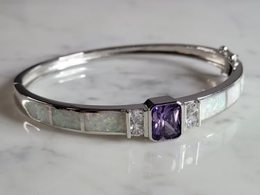 Womens Sterling Silver Modernist Opal Bangle Bracelet