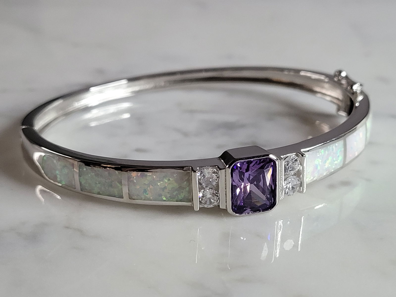 Womens Sterling Silver Modernist Opal Bangle Bracelet (1 of 4)
