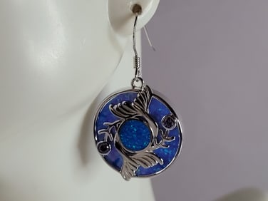 Womens Sterling Silver Blue Opal Mermaid Tail Earrings