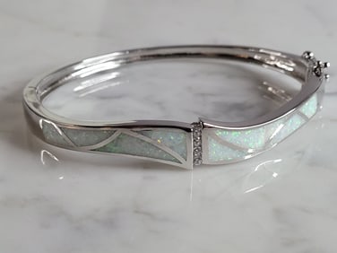 Womens Sterling Silver Modernist Opal Bangle Bracelet