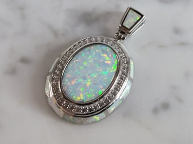 Womens Estate Sterling Silver Modernist Opal Pendant