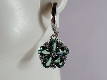 Womens Estate Sterling Silver Modernist Floral CZ Earrings