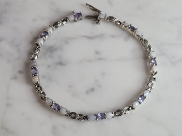 Womens Vintage Estate 10K Gold Opal Tanzanite Tennis Bracelet