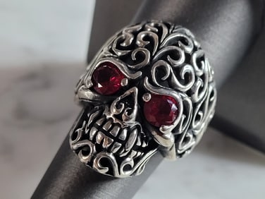 Mens Sterling Silver Ruby Eyed Skull Ring