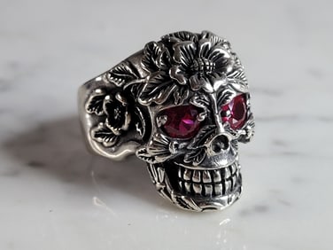 Mens Sterling Silver Ruby Eyed Goth Biker Skull Ring