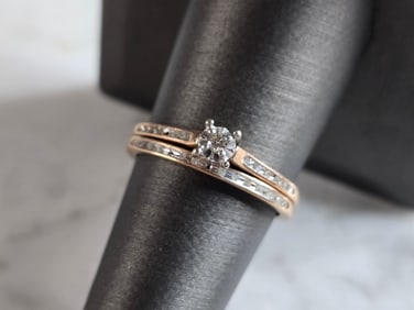 Womens Vintage Estate 10K Rose Gold Diamond Wedding Ring Set
