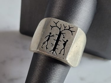 Mens Vintage Estate Sterling Silver Adam & Eve Garden of Eden Ring