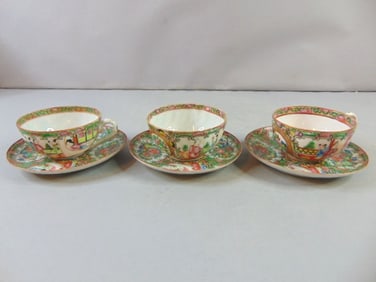 Set of 3 Chinese Rose Medallion Teacups & Saucers