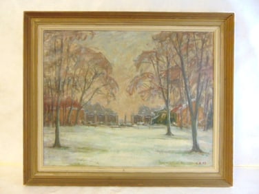 VINTAGE EUROPEAN COURTYARD WINTER SCENE PAINTING