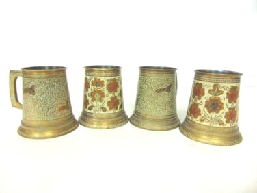 SET OF 4 BRASS PLATED MUGS WITH HAND HAMMERED DESIGNS