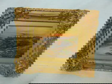 ANTIQUE OIL ON WOOD SLAT BOARD PAINTING W/ ORNATE FRAME