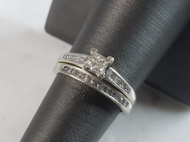 Womens Vintage Estate 14K White Gold Diamond Engagement Ring Set