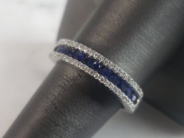 Womens Vintage Estate 14K White Gold Diamond & Sapphire Ring