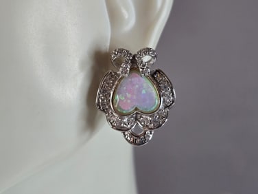 Womens Estate Sterling Silver Opal CZ Heart Earrings