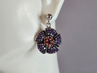 Womens Estate Sterling Silver Modernist Floral CZ Earrings