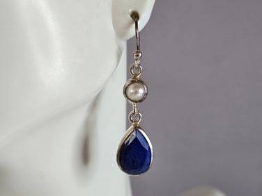 Womens Vintage Estate Sterling Silver Natural Sapphire Earrings