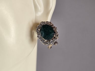 Womens Vintage Estate Sterling Silver Natural Emerald Stud Earrings