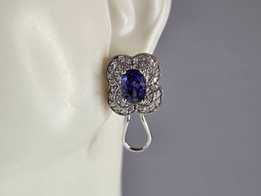 Womens Vintage Estate Sterling Silver Tanzanite CZ Stud Earrings