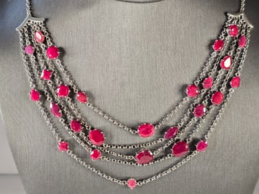 Womens Vintage Estate Sterling Silver Natural Ruby Layered Necklace