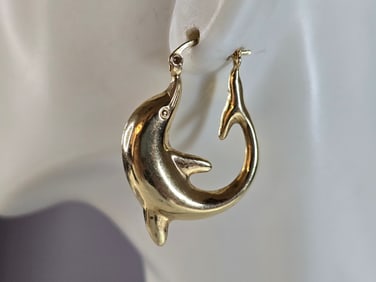 Womens Vintage Estate 14K Yellow Gold Hoop Dolphin Earrings