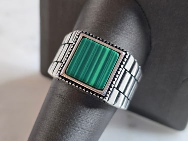 Mens Estate Sterling Silver Modernist Malachite Ring