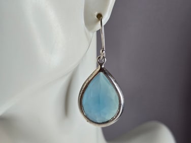 Pr Womens Vintage Estate Sterling Silver Aqua Chalcedony Dangle Earrings