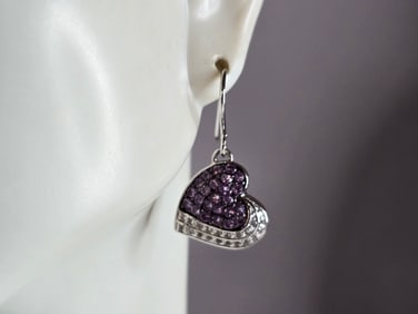 Womens Vintage Estate Sterling Silver Art Deco Heart Dangle Earrings