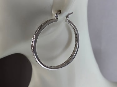 Womens Vintage Estate Sterling Silver CZ Hoop Earrings