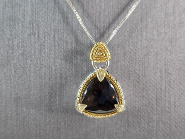 Womens Vintage Estate Sterling Silver Smoky Quartz Pendant Necklace