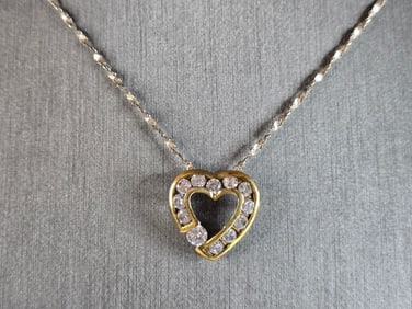 Womens Vintage Estate Sterling Silver Gold Tone CZ Heart Pendant Necklace