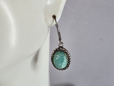 Womens Vintage Estate Sterling Silver Amazonite Dangle Earrings