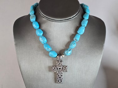 Womens Estate Sterling Silver Cross Pendant Turquoise Necklace
