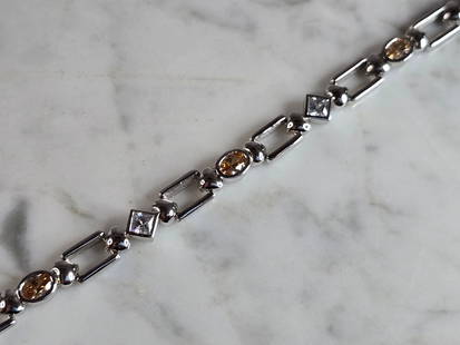 Womens Estate Sterling Silver Modernist Bracelet: A WOMENS ESTATE STERLING SILVER ROSE QUARTZ MORGANITE COLORED BRACELET. NOT SURE IF STONES ARE NATURAL OR MAN MADE. BRACELET MEASURES 8" LONG BY 1/4" WIDE, AND WEIGHS 17.2g. WOULD MAKE A LOVELY GIFT F