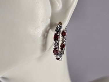 Womens Estate Sterling Silver Ruby Colored Hoop Earrings
