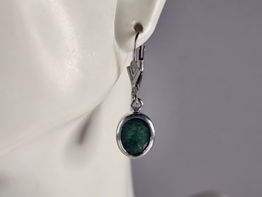 Womens Vintage Estate Sterling Silver Natural Emerald Earrings