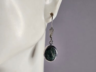 Womens Vintage Estate Sterling Silver Natural Emerald Earrings