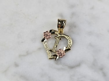 Womens 10K Yellow & Rose Gold Initial Letter " I "  Heart Pendant