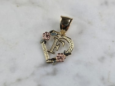Womens 10K Yellow & Rose Gold Initial Letter " F "  Heart Pendant