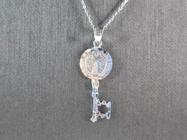 Womens Sterling Silver Religious Saint Benedict Key Pendant Necklace