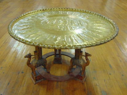 ANTIQUE PERSIAN ISLAMIC MUSLIM BRASS TABLE TRAY: A BEAUTIFUL ANTIQUE PERSIAN OR ISLAMIC BRASS TABLE TRAY THAT MEASURES 21" TALL BY 32" IN DIAMETER. CONDITION IS VERY NICE FOR ITS AGE. BASE AND TRAY HAVE SOME WEAR BUT FOR THE MOST PART LOOK VERY NICE