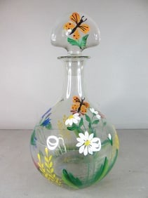 Vintage Estate Hand Painted Floral Glass Liquor/ Wine Decanter