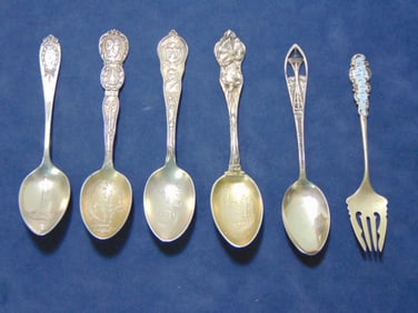 FIVE ANTIQUE STERLING SILVER SOUVENIR TEASPOONS & FORK
