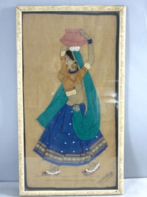 Vintage Estate Artist Signed Framed Hindu Cloth Artwork