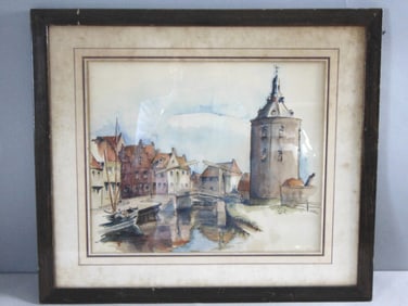 Vintage Estate Artist Signed Danish Scene Framed Watercolor