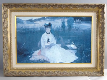 Vintage Estate "Reading With Green Umbrella" Signed & Framed Art Print