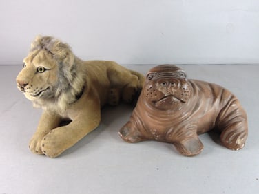 Lot of Vintage Estate Decorative Lion Bobble Head and Walrus Figure