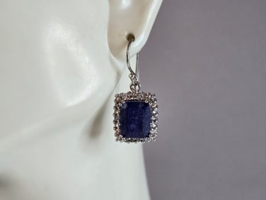 Womens Vintage Estate Sterling Silver Natural Sapphire CZ Earrings