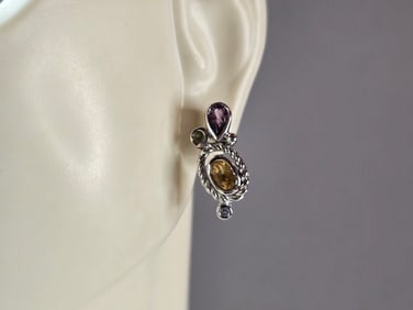 Womens Vintage Estate Sterling Silver Multi Stone Earrings